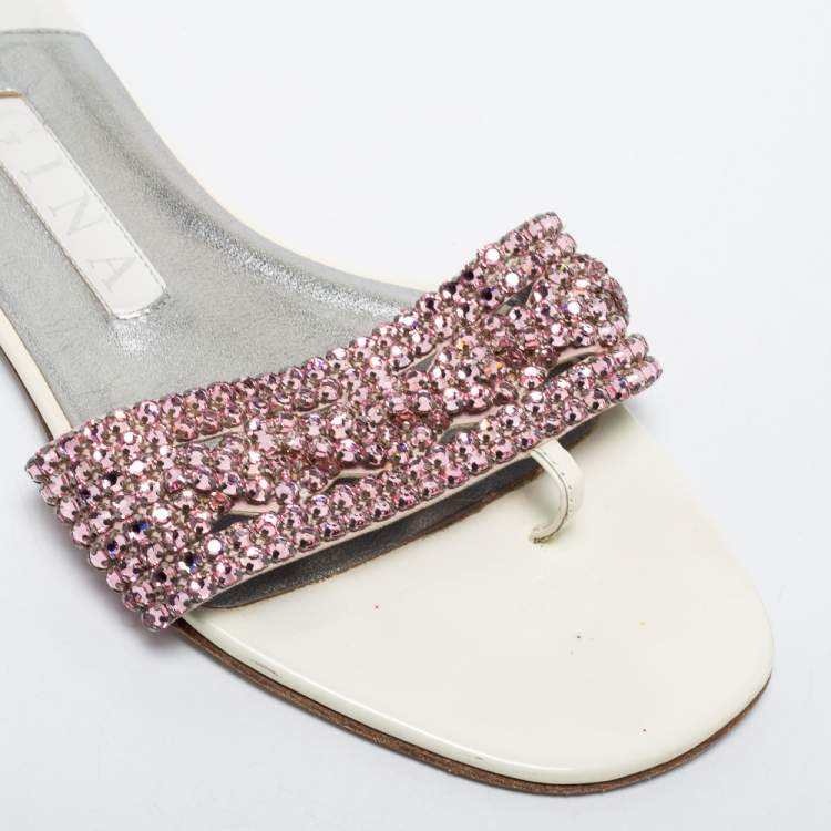 Pre Owned Gina White Leather Embellished Thong Flats Size 38