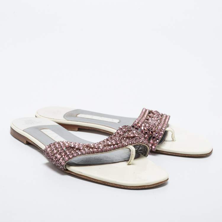 Pre Owned Gina White Leather Embellished Thong Flats Size 38