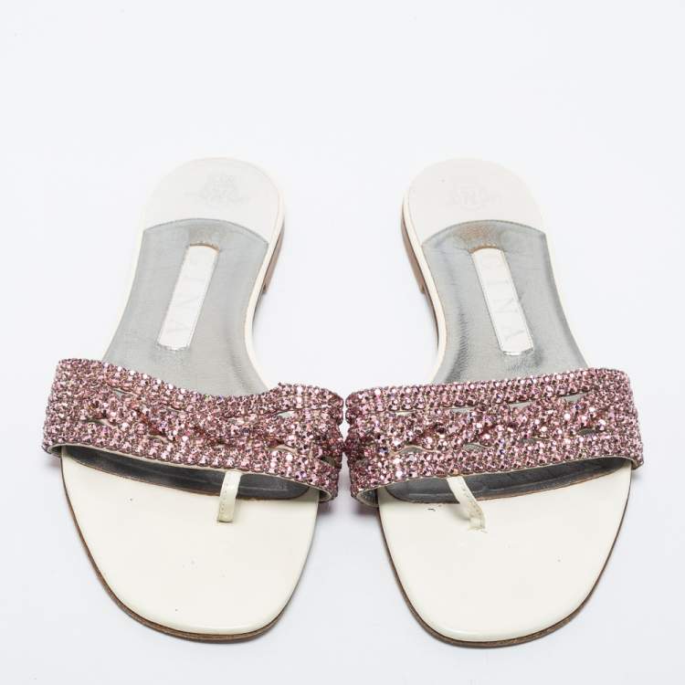 Pre Owned Gina White Leather Embellished Thong Flats Size 38