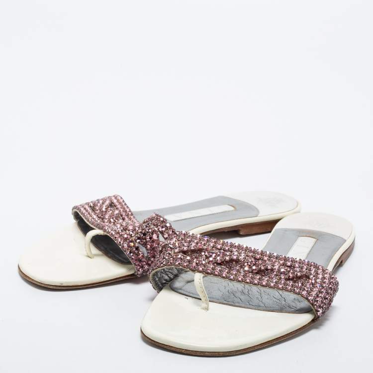 Pre Owned Gina White Leather Embellished Thong Flats Size 38