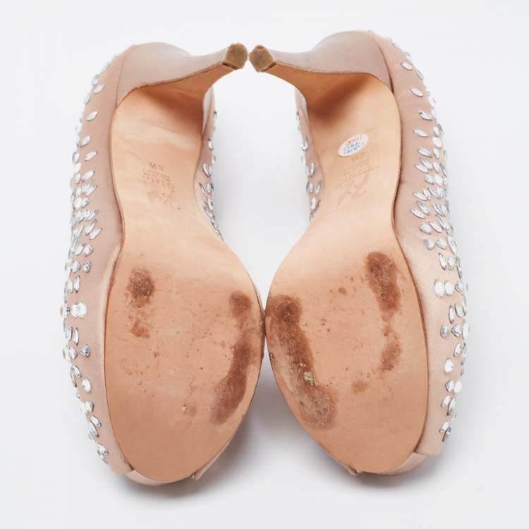 Pre Owned Gina Beige Satin Embellished Peep Toe Platform Pumps Size 39.5