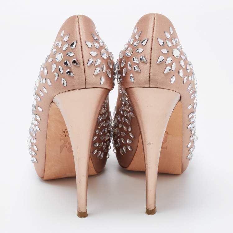 Pre Owned Gina Beige Satin Embellished Peep Toe Platform Pumps Size 39.5