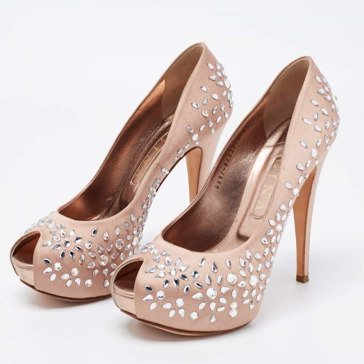 Pre Owned Gina Beige Satin Embellished Peep Toe Platform Pumps Size 39.5