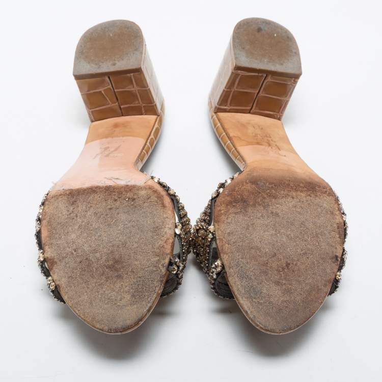 Pre Owned Gina Olive Green Croc Embossed Leather Crystal Embellished Loren Slide Sandals Size 41