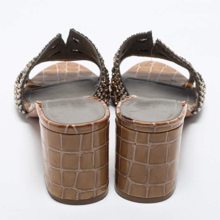 Pre Owned Gina Olive Green Croc Embossed Leather Crystal Embellished Loren Slide Sandals Size 41