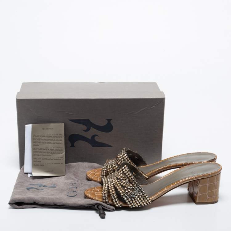 Pre Owned Gina Olive Green Croc Embossed Leather Crystal Embellished Loren Slide Sandals Size 41