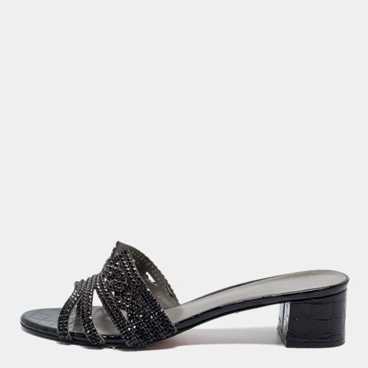 Pre Owned Gina Black Croc Embossed Patent Crystal Embellished  Loren Slides Size 41