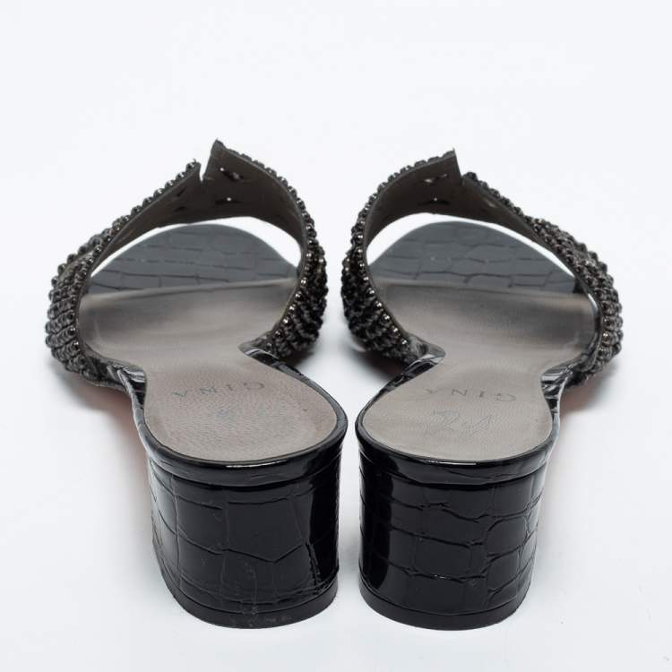 Pre Owned Gina Black Croc Embossed Patent Crystal Embellished  Loren Slides Size 41