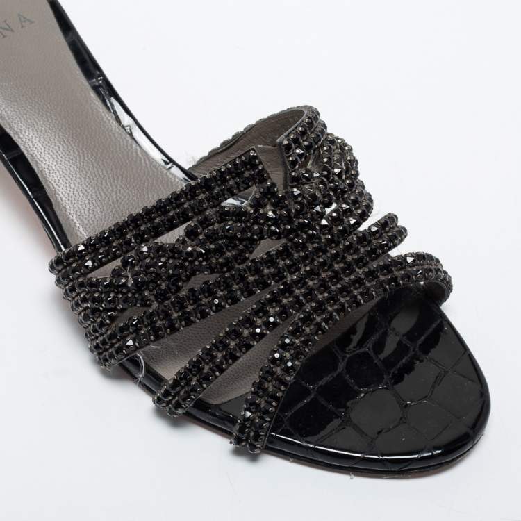 Pre Owned Gina Black Croc Embossed Patent Crystal Embellished  Loren Slides Size 41