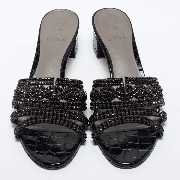 Pre Owned Gina Black Croc Embossed Patent Crystal Embellished  Loren Slides Size 41