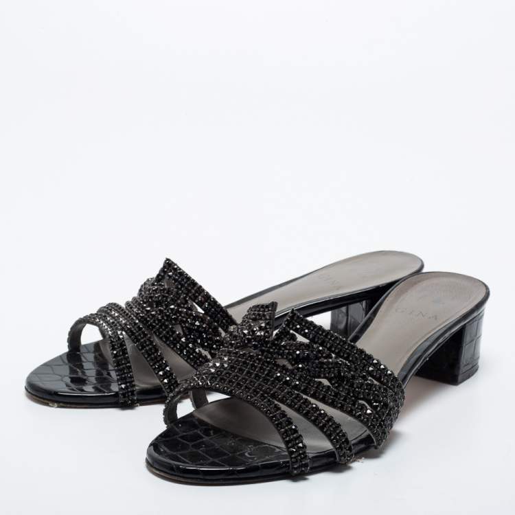 Pre Owned Gina Black Croc Embossed Patent Crystal Embellished  Loren Slides Size 41