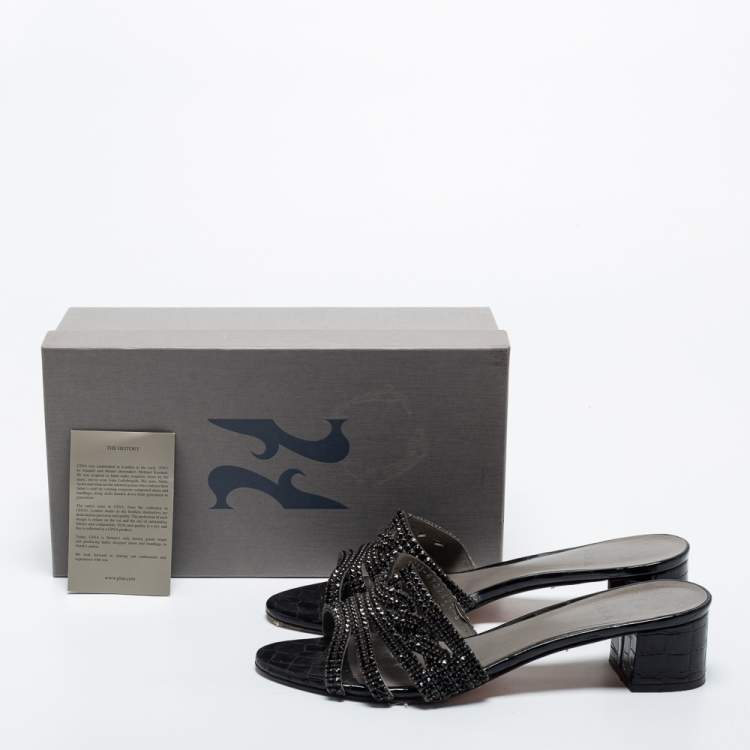 Pre Owned Gina Black Croc Embossed Patent Crystal Embellished  Loren Slides Size 41