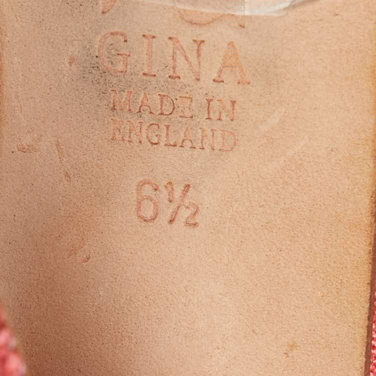 Pre Owned Gina Coral Pink Canvas Crystal Embellished Open Toe Slingback Pumps Size 39.5