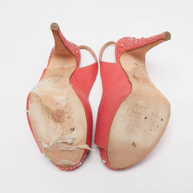Pre Owned Gina Coral Pink Canvas Crystal Embellished Open Toe Slingback Pumps Size 39.5