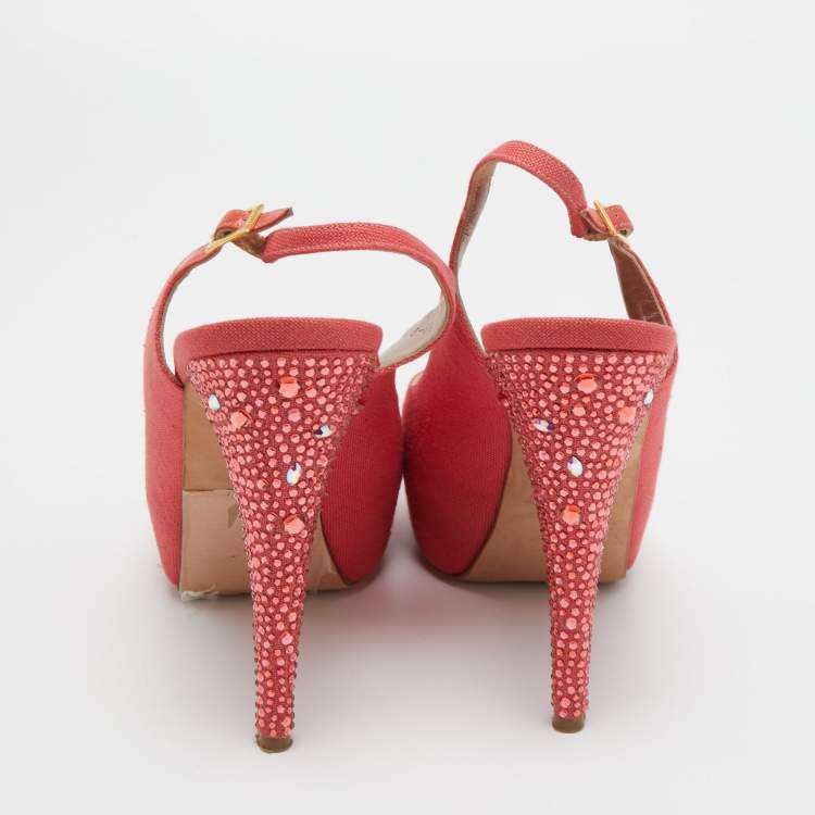 Pre Owned Gina Coral Pink Canvas Crystal Embellished Open Toe Slingback Pumps Size 39.5