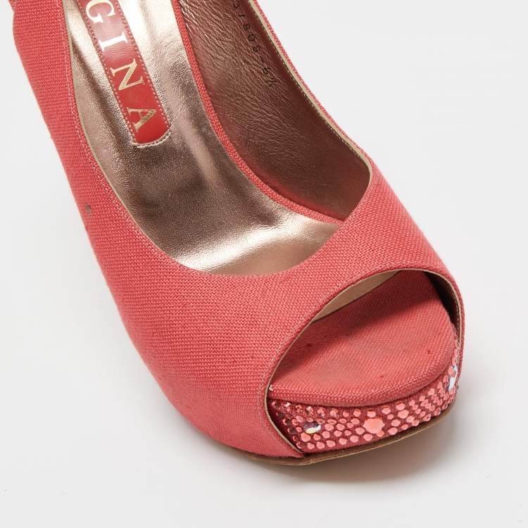 Pre Owned Gina Coral Pink Canvas Crystal Embellished Open Toe Slingback Pumps Size 39.5