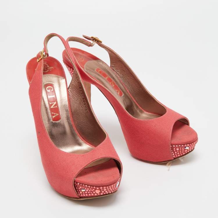 Pre Owned Gina Coral Pink Canvas Crystal Embellished Open Toe Slingback Pumps Size 39.5