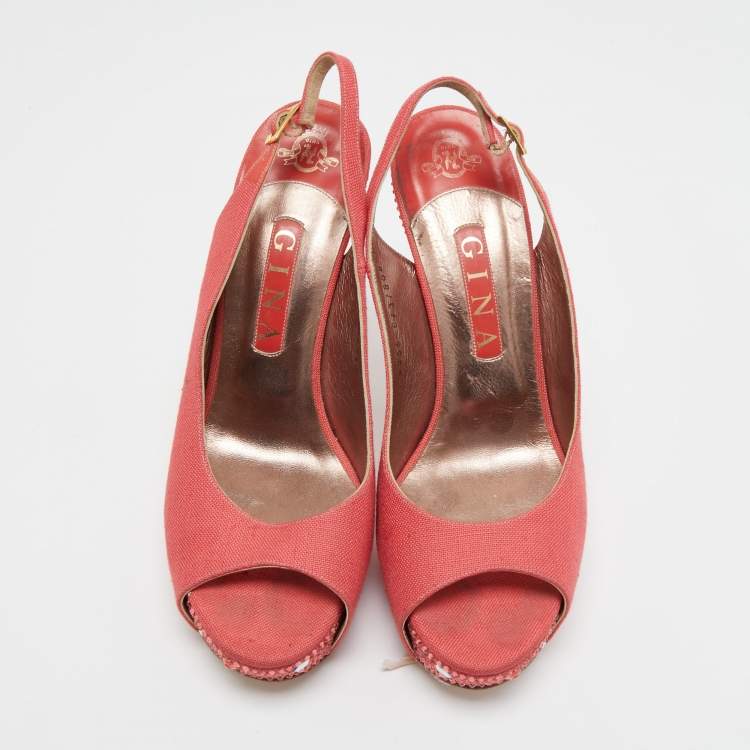 Pre Owned Gina Coral Pink Canvas Crystal Embellished Open Toe Slingback Pumps Size 39.5