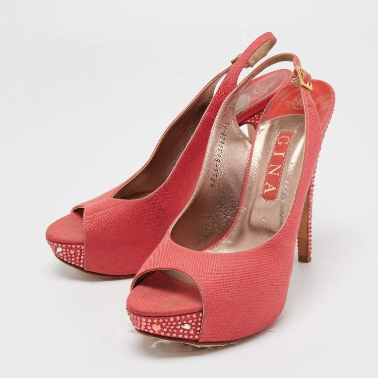 Pre Owned Gina Coral Pink Canvas Crystal Embellished Open Toe Slingback Pumps Size 39.5