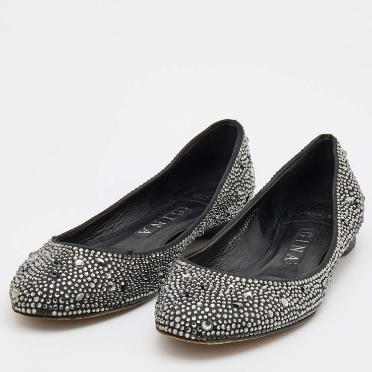 Pre Owned Gina Black Crystal Embellished Satin Ballet Flats Size 39