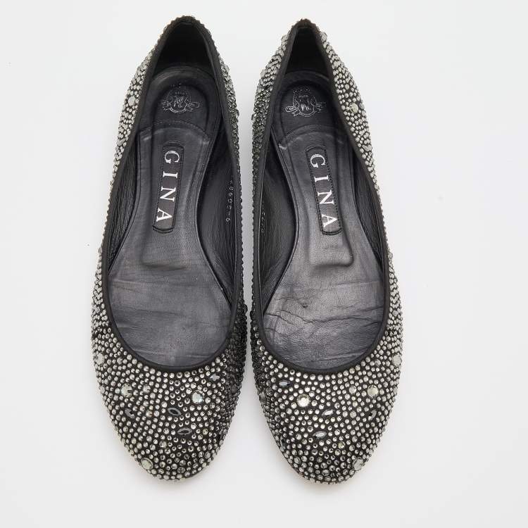 Pre Owned Gina Black Crystal Embellished Satin Ballet Flats Size 39