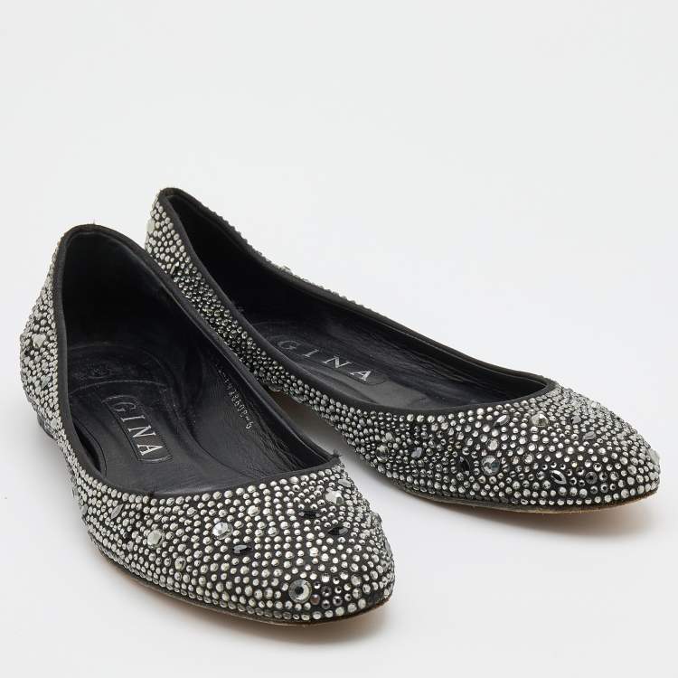 Pre Owned Gina Black Crystal Embellished Satin Ballet Flats Size 39