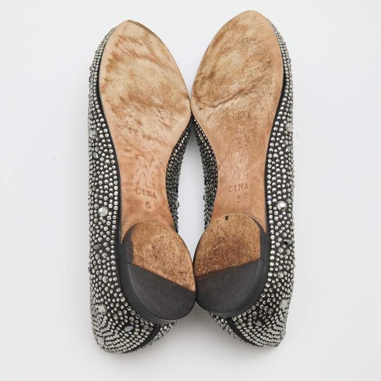 Pre Owned Gina Black Crystal Embellished Satin Ballet Flats Size 39