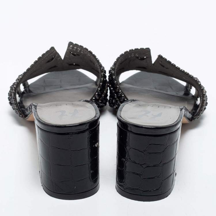 Pre Owned Gina Black Crystal Embellished Leather Block Heel Slide Sandals Size 38.5