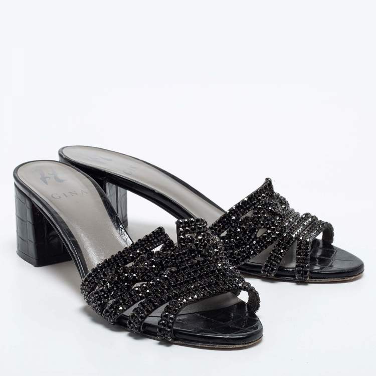 Pre Owned Gina Black Crystal Embellished Leather Block Heel Slide Sandals Size 38.5