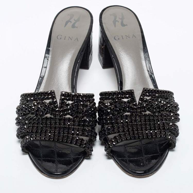 Pre Owned Gina Black Crystal Embellished Leather Block Heel Slide Sandals Size 38.5