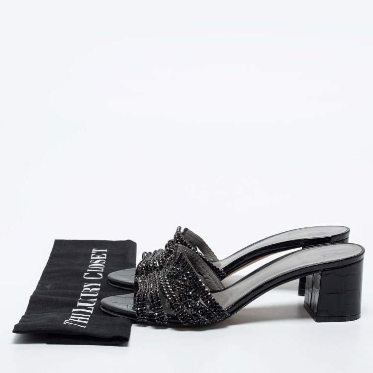 Pre Owned Gina Black Crystal Embellished Leather Block Heel Slide Sandals Size 38.5