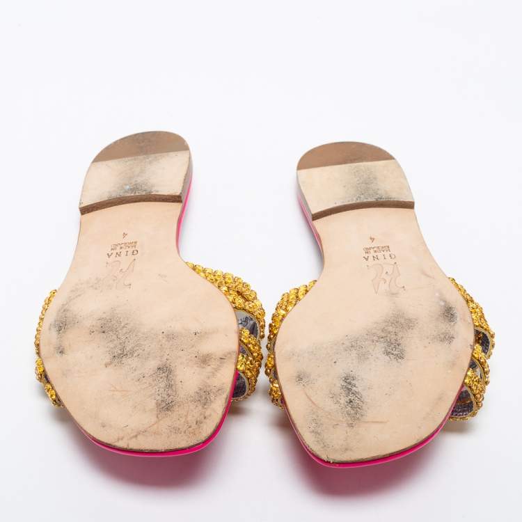 مملوكة مسبقًا Gina Pink/Gold Crystals Embellished Patent Leather Flat Slides Size 37