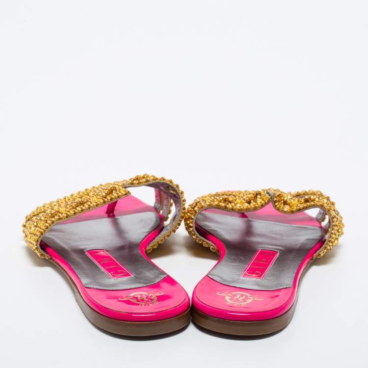 مملوكة مسبقًا Gina Pink/Gold Crystals Embellished Patent Leather Flat Slides Size 37