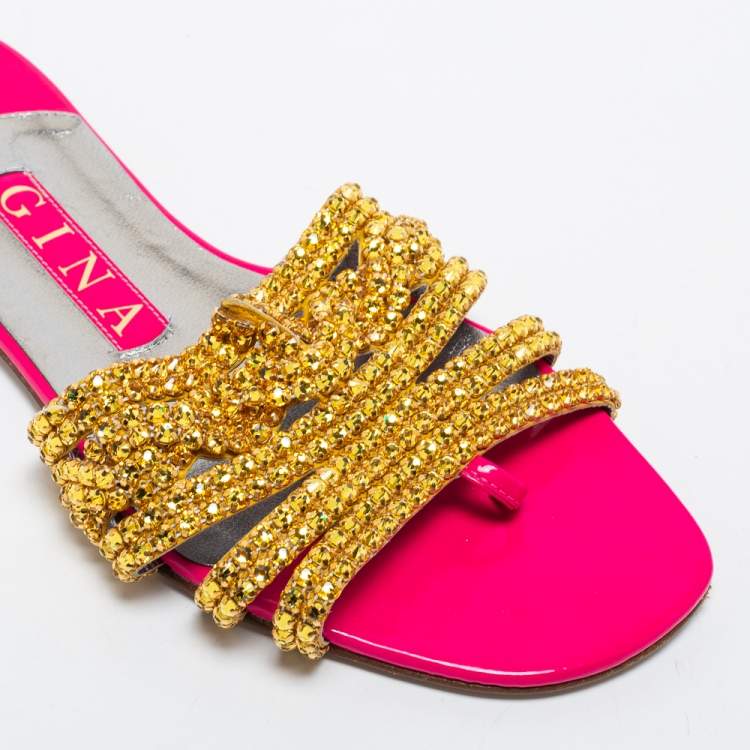 مملوكة مسبقًا Gina Pink/Gold Crystals Embellished Patent Leather Flat Slides Size 37