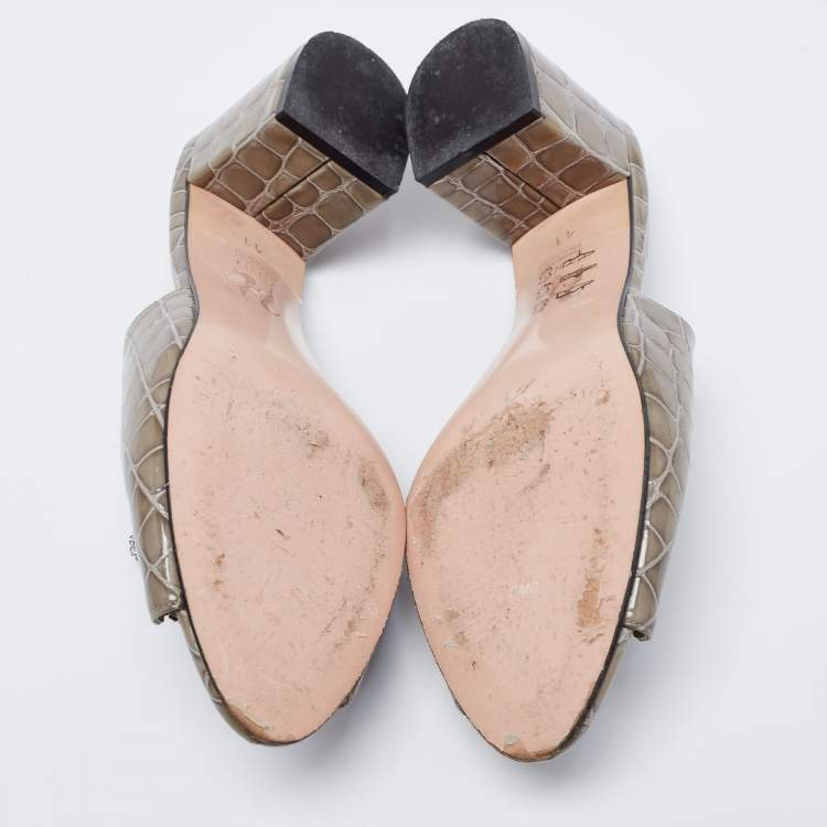 Pre Owned Gina Green Croc Embossed Patent Leather Crystal Block Heel Sandals Size 41