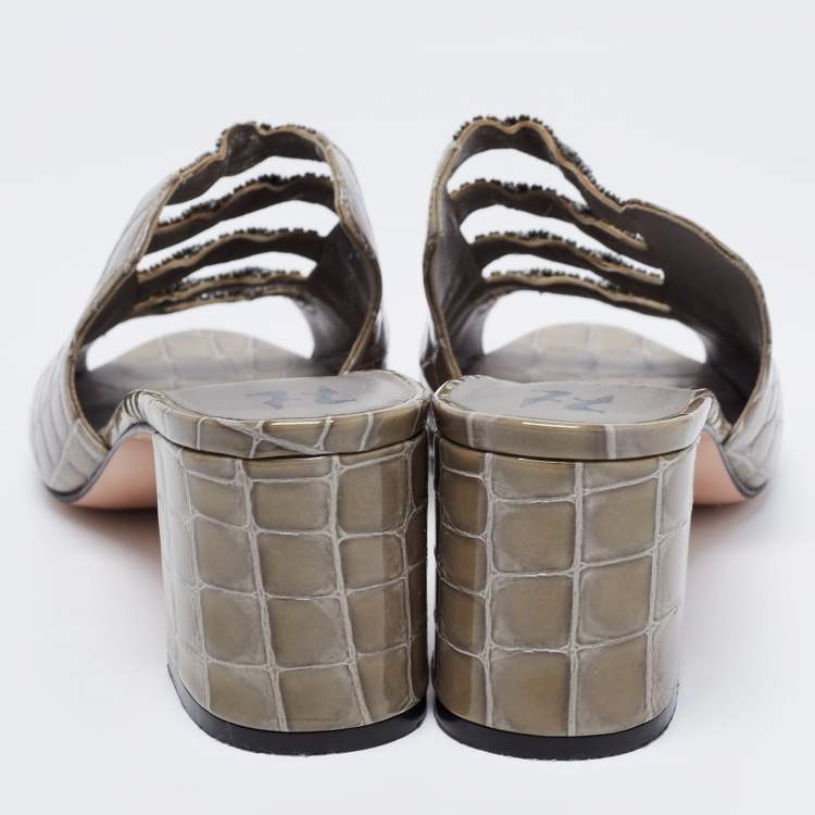 Pre Owned Gina Green Croc Embossed Patent Leather Crystal Block Heel Sandals Size 41