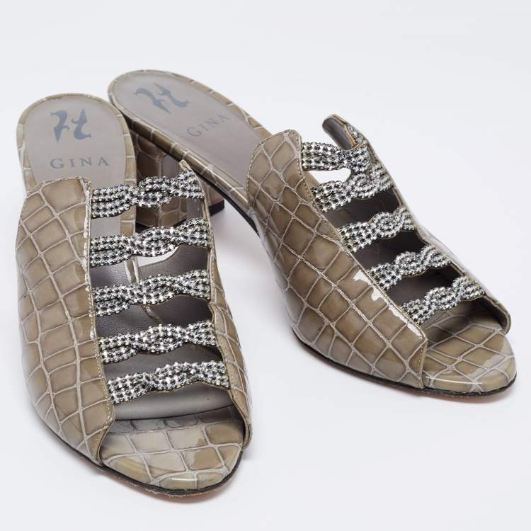 Pre Owned Gina Green Croc Embossed Patent Leather Crystal Block Heel Sandals Size 41