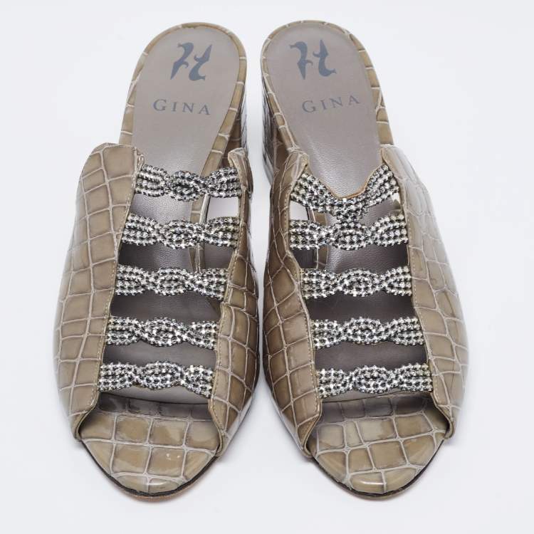 Pre Owned Gina Green Croc Embossed Patent Leather Crystal Block Heel Sandals Size 41