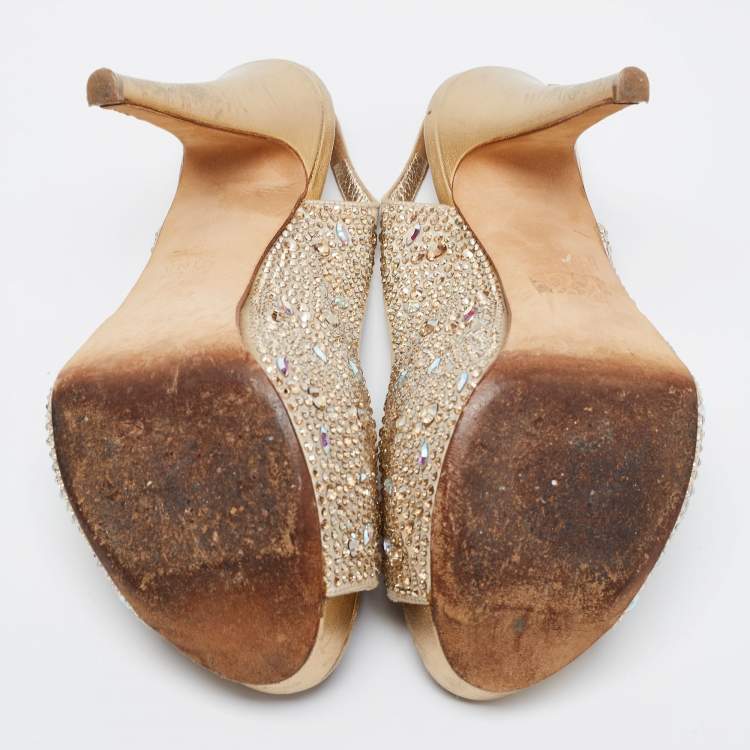 Pre Owned Gina Gold Leather Crystal Embellished Platform Sandals Size 38
