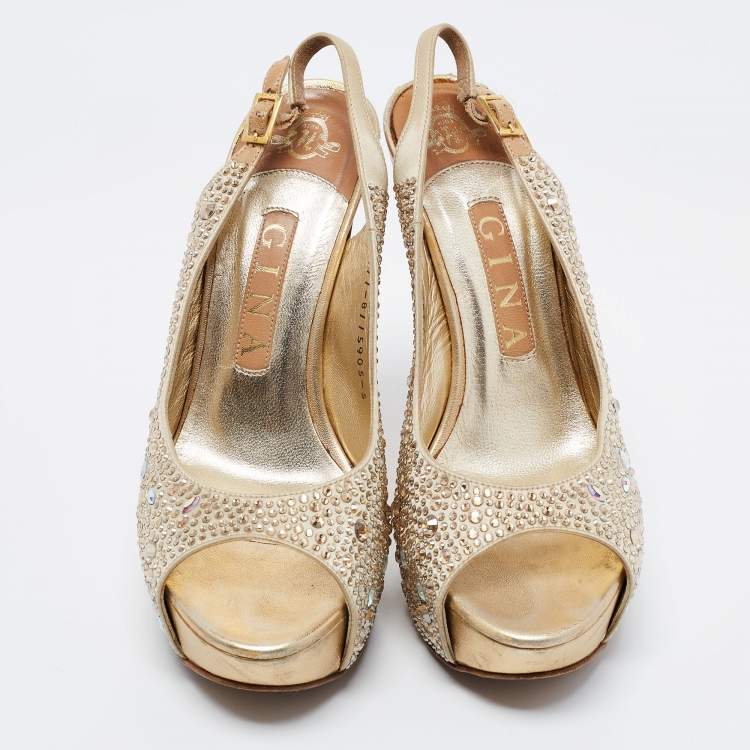 Pre Owned Gina Gold Leather Crystal Embellished Platform Sandals Size 38