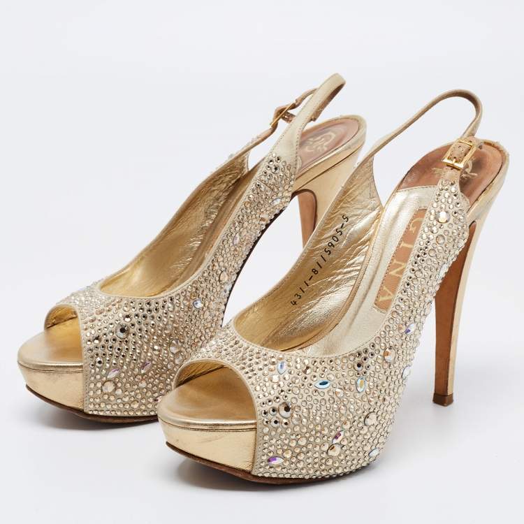Pre Owned Gina Gold Leather Crystal Embellished Platform Sandals Size 38