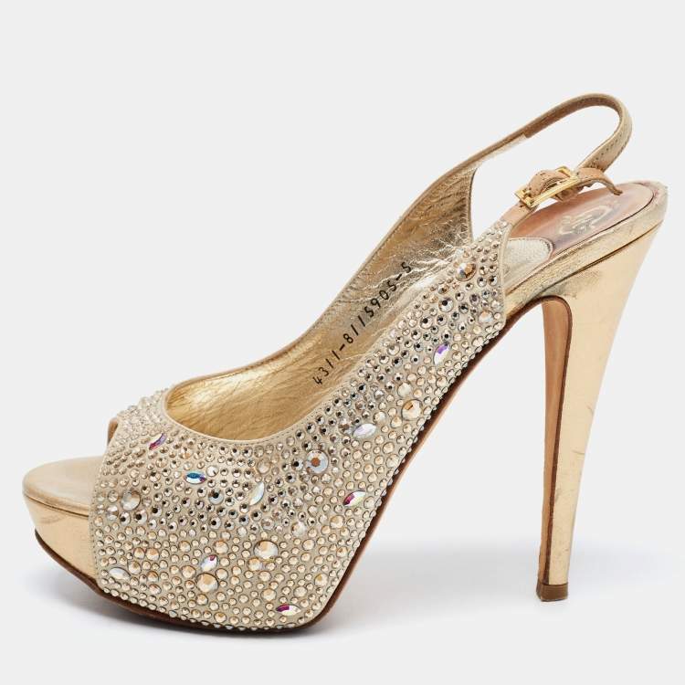 Pre Owned Gina Gold Leather Crystal Embellished Platform Sandals Size 38