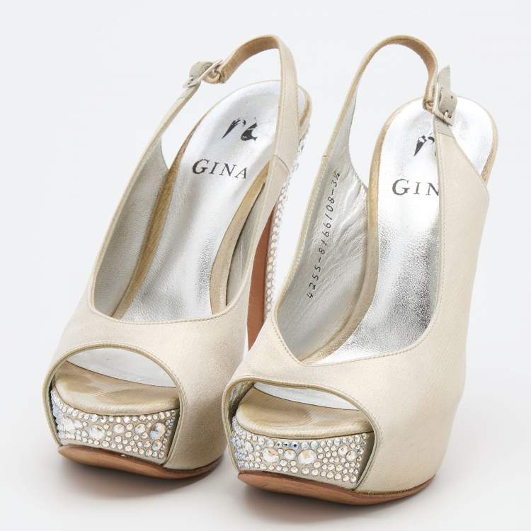 Pre Owned Gina Metallic Silver/Gold Leather Crystal Embellished Platform Slingback Pumps Size 36.5