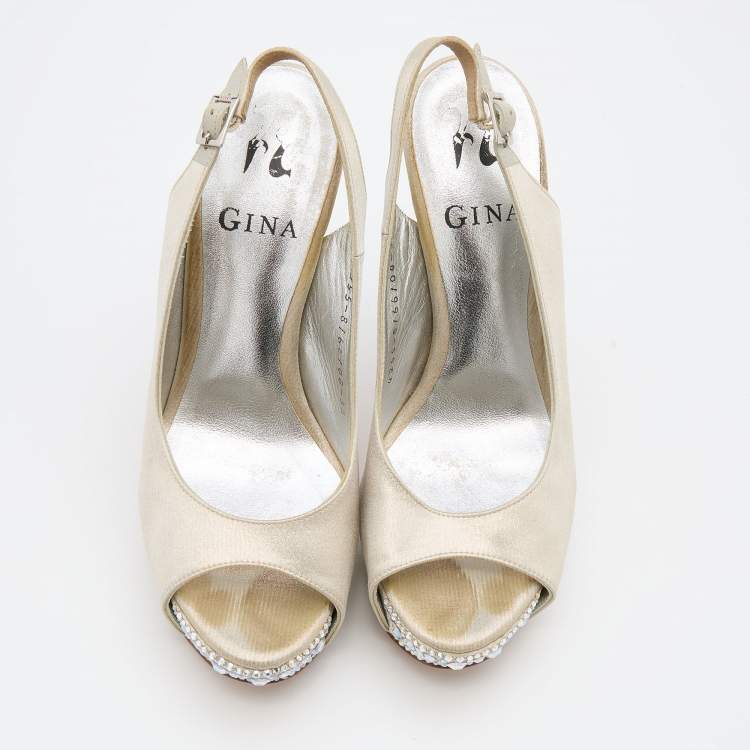 Pre Owned Gina Metallic Silver/Gold Leather Crystal Embellished Platform Slingback Pumps Size 36.5