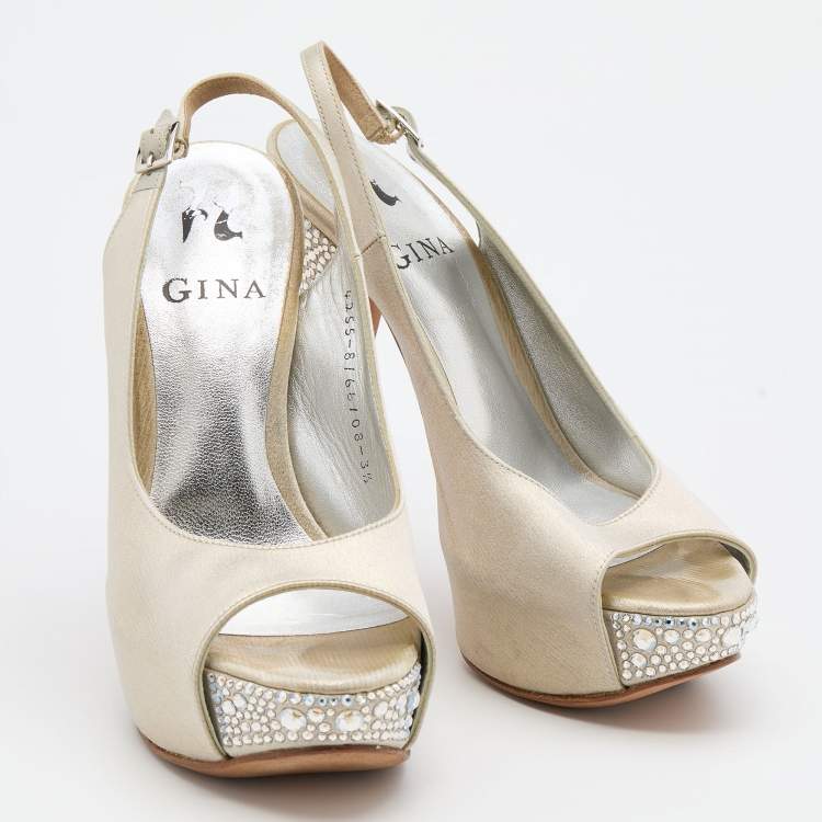 Pre Owned Gina Metallic Silver/Gold Leather Crystal Embellished Platform Slingback Pumps Size 36.5