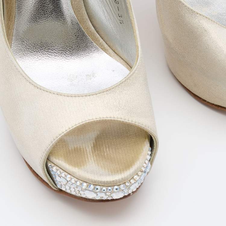 Pre Owned Gina Metallic Silver/Gold Leather Crystal Embellished Platform Slingback Pumps Size 36.5