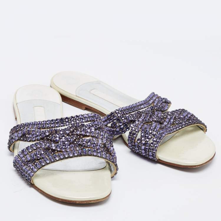 Pre Owned Gina Purple Leather Crystal Embellished Flat Slides Size 38.5