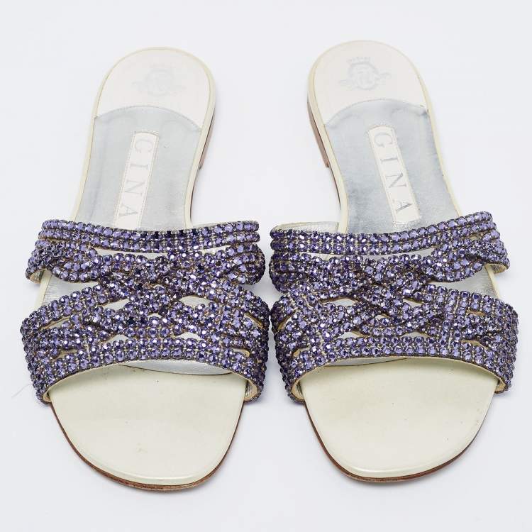 Pre Owned Gina Purple Leather Crystal Embellished Flat Slides Size 38.5