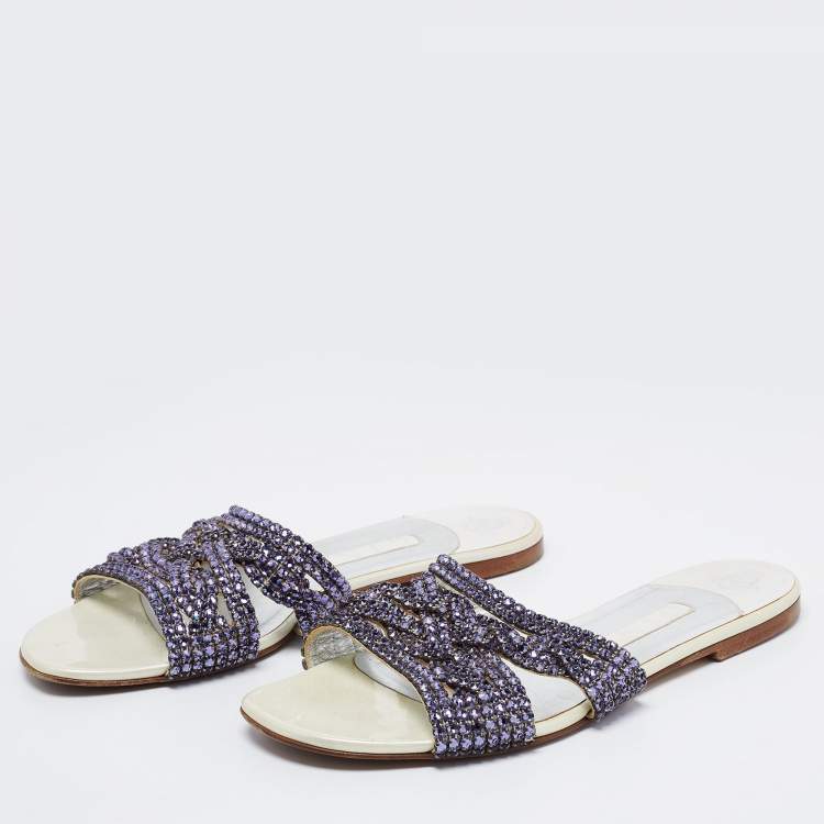 Pre Owned Gina Purple Leather Crystal Embellished Flat Slides Size 38.5