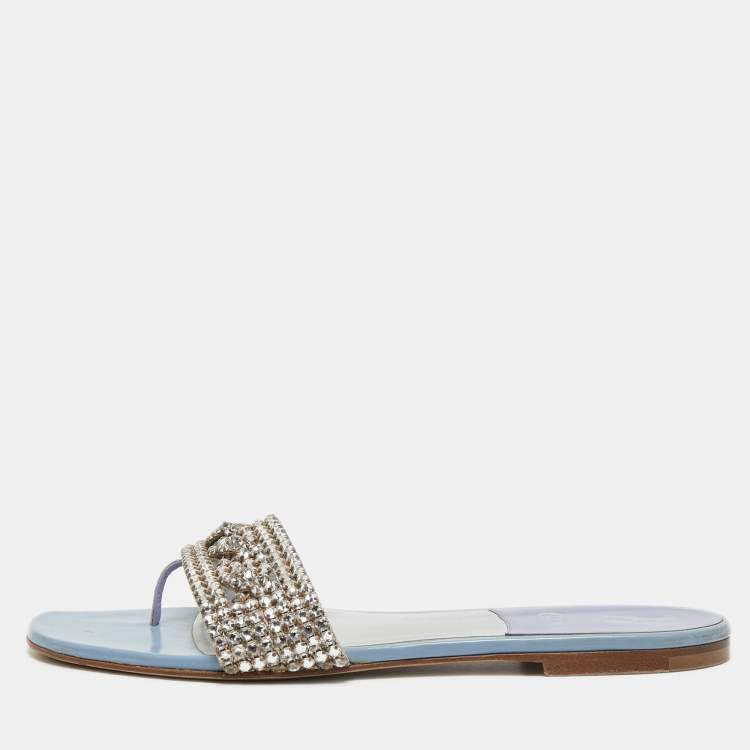 Pre Owned Gina Light Blue Patent Crystal Embellished Thong Slides  Size 38.5